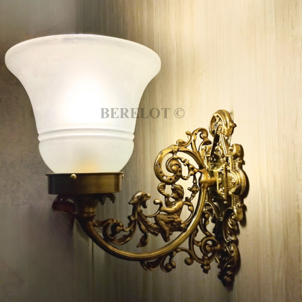 Pair of Antique Brass Victorian Wall Lamps with Frosted Glass Shades | Ornate Vintage Sconces