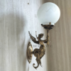 Pair of Brass Antique Wall Lamps with Etched Frosted Glass Globes | Vintage Figurine Sconces