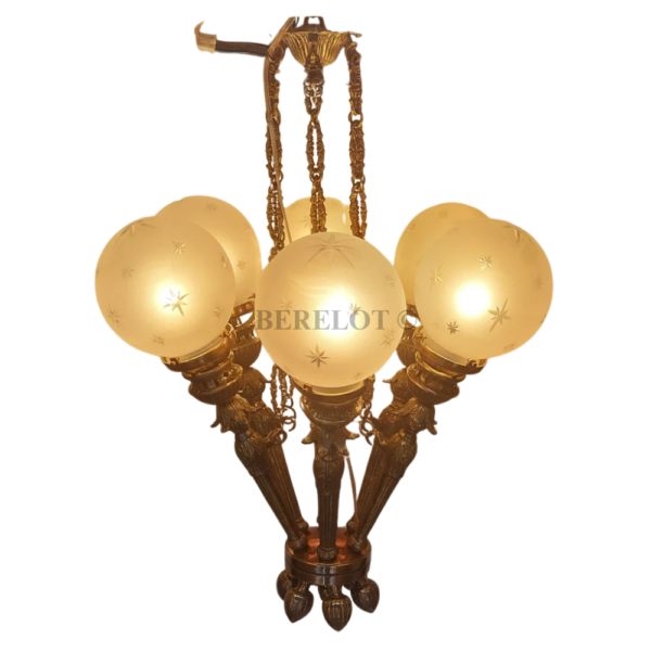 Vintage 6 Light Mashaal Chandelier with Frosted Etched Glass Globes | Antique Brass Hanging Ceiling Lamp