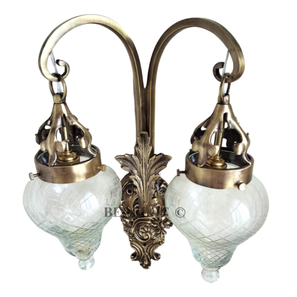 Antique Brass Double Wall Sconce with Cut Glass Shades | Vintage Ornate Twin Arm Lamp