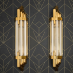 Pair of Art Deco brass wall sconces with clear and milk glass rods
