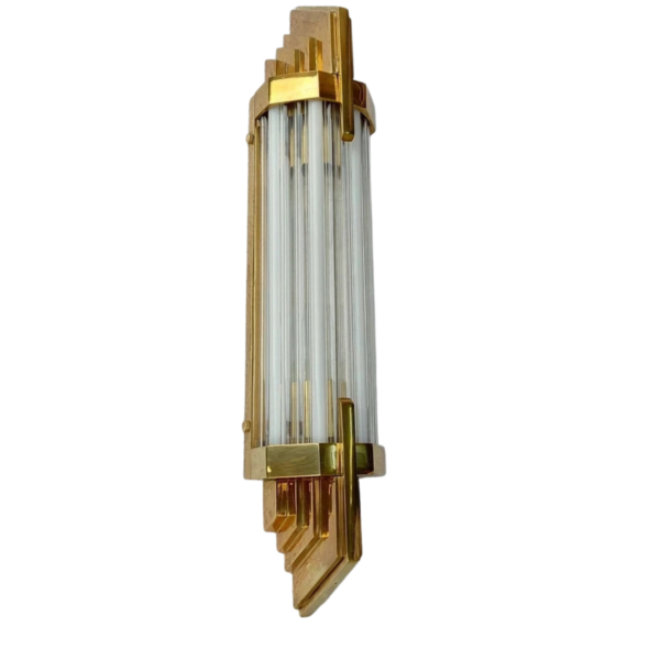 Art Deco Brass Wall Lights with Clear & Milk Glass Rods | Pair of Vintage Geometric Sconces