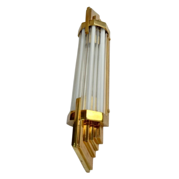 Art Deco Brass Wall Lights with Clear & Milk Glass Rods | Pair of Vintage Geometric Sconces