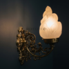 Pair of Antique Brass Victorian Wall Sconces with Frosted Flame Glass Shades | Ornate Vintage Lamps