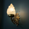 Pair of Antique Brass Victorian Wall Sconces with Frosted Flame Glass Shades | Ornate Vintage Lamps