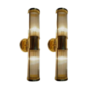 Pair of double-ended Art Deco brass and clear glass rod wall sconces