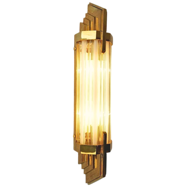 Art Deco Brass Wall Lights with Clear & Milk Glass Rods | Pair of Vintage Geometric Sconces