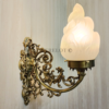 Pair of Antique Brass Victorian Wall Sconces with Frosted Flame Glass Shades | Ornate Vintage Lamps