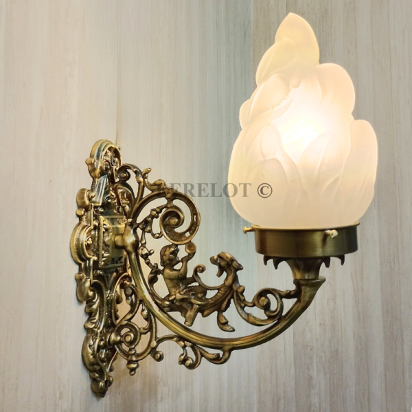 Pair of Antique Brass Victorian Wall Sconces with Frosted Flame Glass Shades | Ornate Vintage Lamps