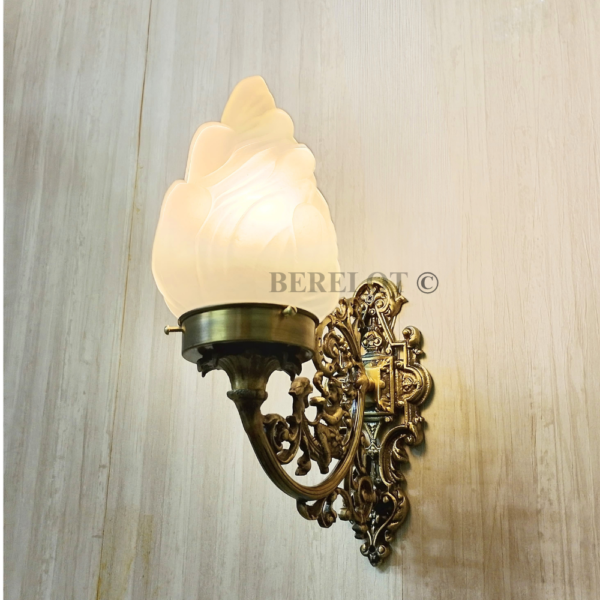 Pair of Antique Brass Victorian Wall Sconces with Frosted Flame Glass Shades | Ornate Vintage Lamps
