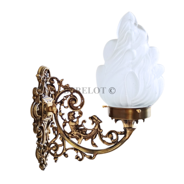 Pair of Antique Brass Victorian Wall Sconces with Frosted Flame Glass Shades | Ornate Vintage Lamps