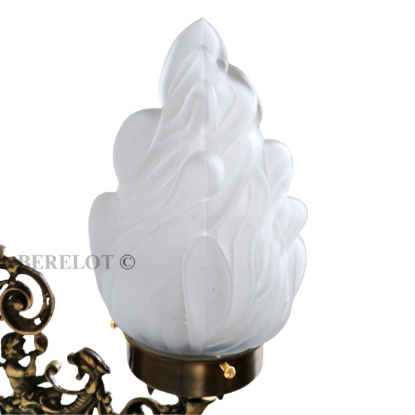 Pair of Antique Brass Victorian Wall Sconces with Frosted Flame Glass Shades | Ornate Vintage Lamps