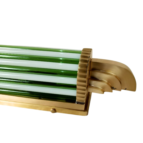 Pair of Art Deco Green & Milk Glass Tube Wall Sconces with Brass Finish | Vertical Wall Lights