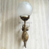 Pair of Brass Antique Wall Lamps with Etched Frosted Glass Globes | Vintage Figurine Sconces