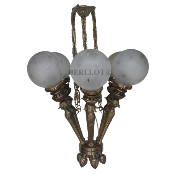 Vintage 6 Light Mashaal Chandelier with Frosted Etched Glass Globes | Antique Brass Hanging Ceiling Lamp
