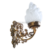 Pair of Antique Brass Victorian Wall Sconces with Frosted Flame Glass Shades | Ornate Vintage Lamps