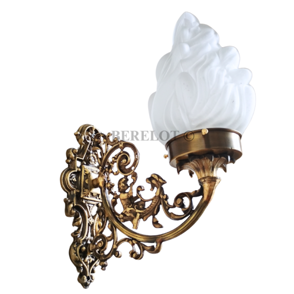 Pair of Antique Brass Victorian Wall Sconces with Frosted Flame Glass Shades | Ornate Vintage Lamps