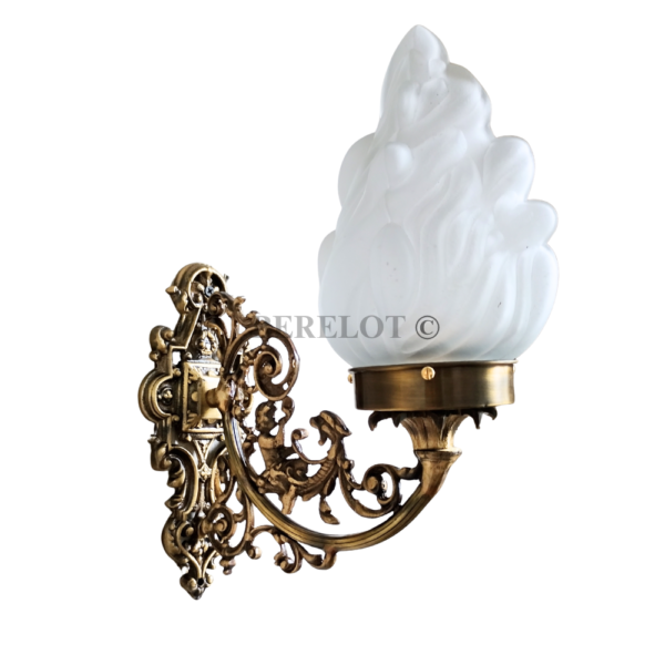 Pair of Antique Brass Victorian Wall Sconces with Frosted Flame Glass Shades | Ornate Vintage Lamps