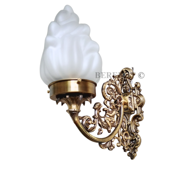 Pair of Antique Brass Victorian Wall Sconces with Frosted Flame Glass Shades | Ornate Vintage Lamps