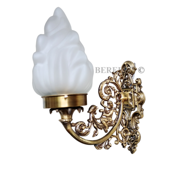 Pair of Antique Brass Victorian Wall Sconces with Frosted Flame Glass Shades | Ornate Vintage Lamps