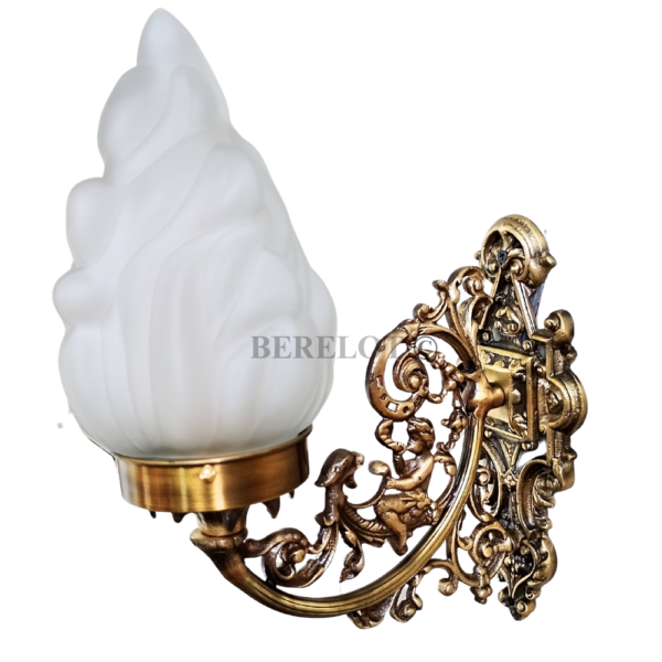 Pair of Antique Brass Victorian Wall Sconces with Frosted Flame Glass Shades | Ornate Vintage Lamps