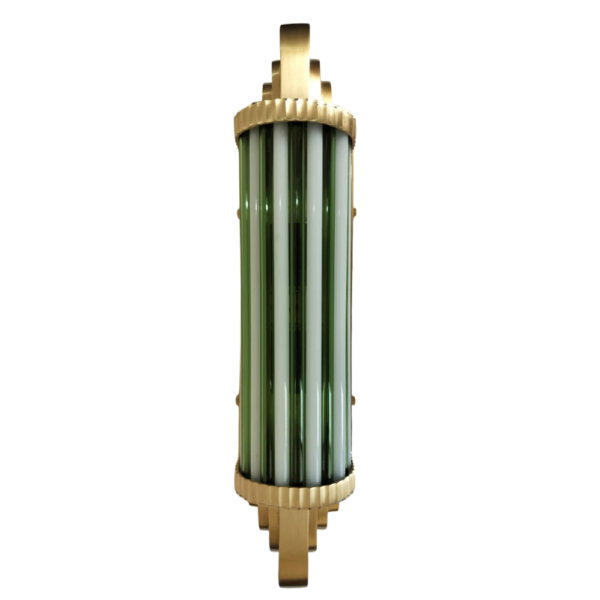 Pair of Art Deco Green & Milk Glass Tube Wall Sconces with Brass Finish | Vertical Wall Lights