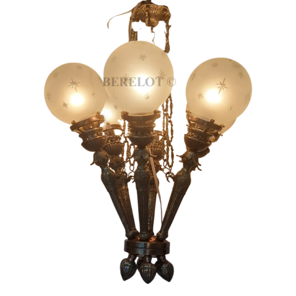 Vintage 6 Light Mashaal Chandelier with Frosted Etched Glass Globes | Antique Brass Hanging Ceiling Lamp