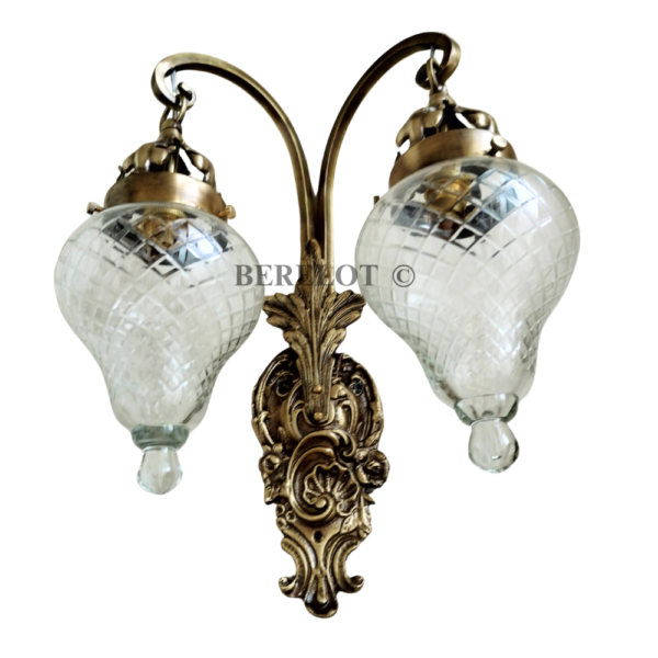 Antique Brass Double Wall Sconce with Cut Glass Shades | Vintage Ornate Twin Arm Lamp
