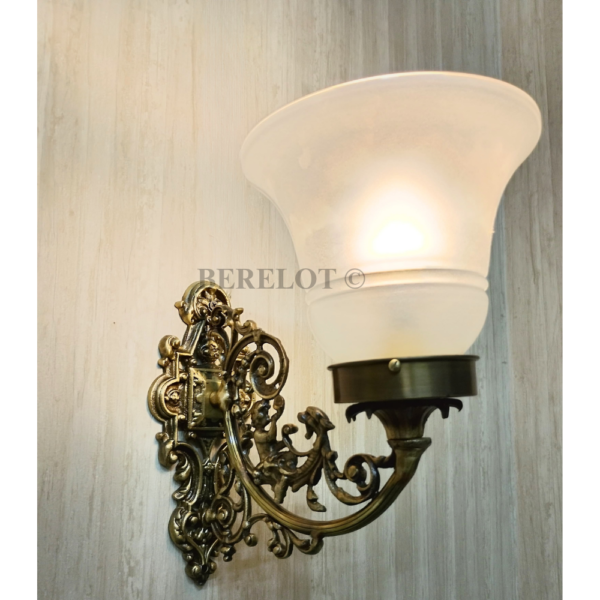 Pair of Antique Brass Victorian Wall Lamps with Frosted Glass Shades | Ornate Vintage Sconces