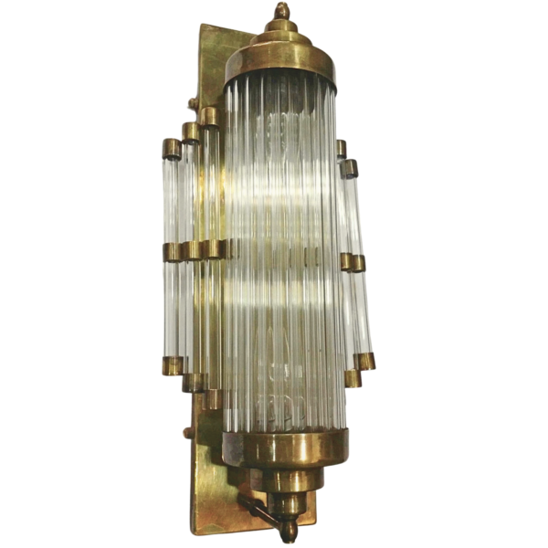 Vintage Art Deco Brass Wall Lamp with Tiered Clear Glass Rods | Decorative Sconce Light