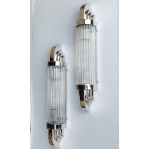 Pair of Art Deco nickel brass wall sconces with vertical clear glass rods