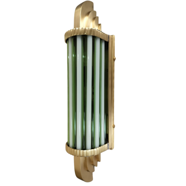 Pair of Art Deco Green & Milk Glass Tube Wall Sconces with Brass Finish | Vertical Wall Lights