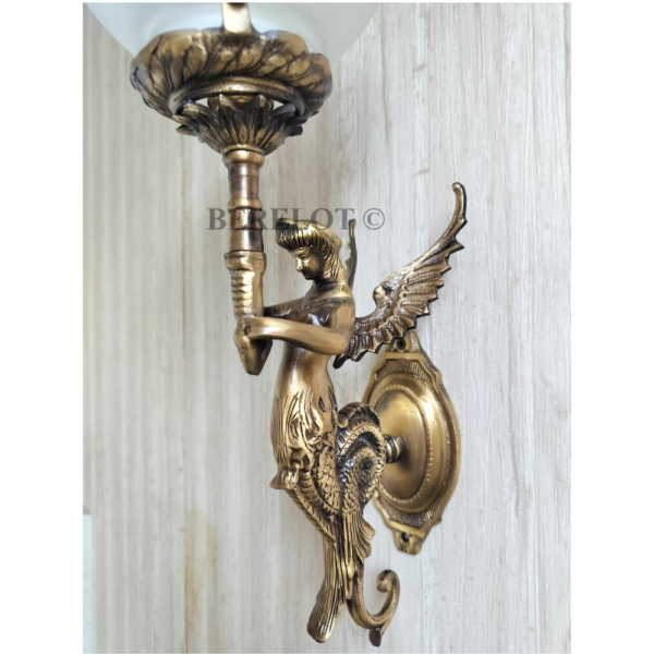 Pair of Brass Antique Wall Lamps with Etched Frosted Glass Globes | Vintage Figurine Sconces