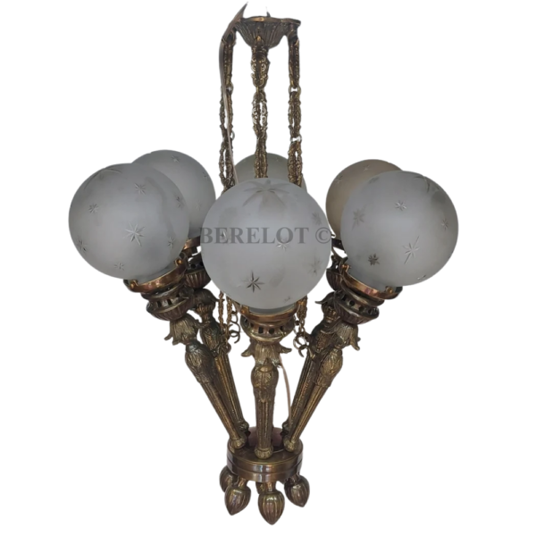 Vintage 6 Light Mashaal Chandelier with Frosted Etched Glass Globes | Antique Brass Hanging Ceiling Lamp