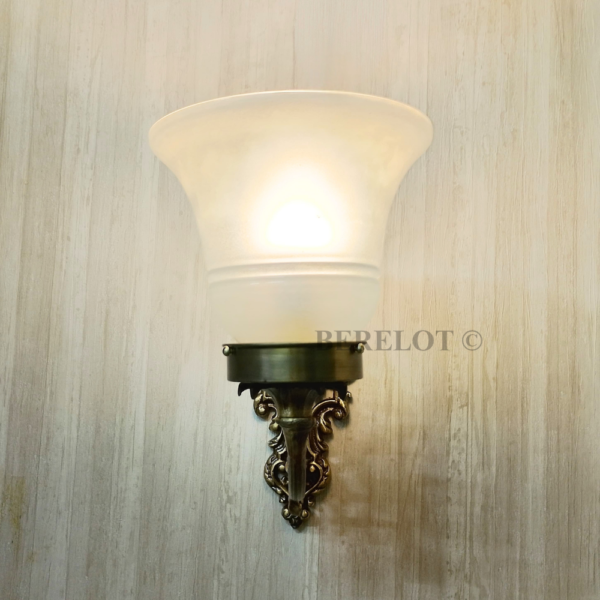 Pair of Antique Brass Victorian Wall Lamps with Frosted Glass Shades | Ornate Vintage Sconces