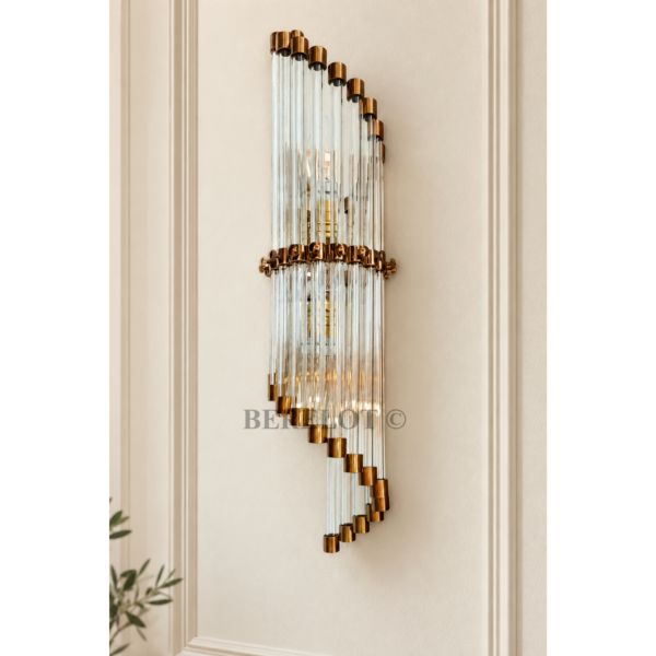 Art Deco Geometric Brass Lamp; Clear Glass Rod Wall Sconce – Antique Reproduction