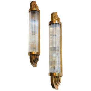 Pair of antique reproduction Art Deco brass wall sconces with clear glass rods