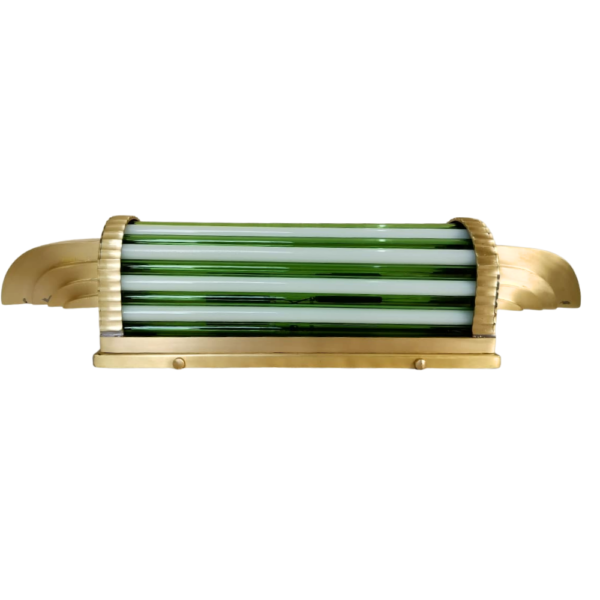 Pair of Art Deco Green & Milk Glass Tube Wall Sconces with Brass Finish | Vertical Wall Lights