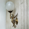 Pair of Brass Antique Wall Lamps with Etched Frosted Glass Globes | Vintage Figurine Sconces