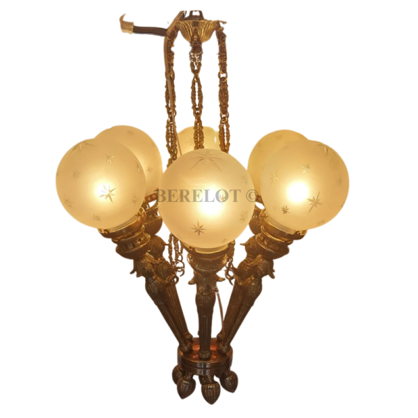 Vintage 6 Light Mashaal Chandelier with Frosted Etched Glass Globes | Antique Brass Hanging Ceiling Lamp