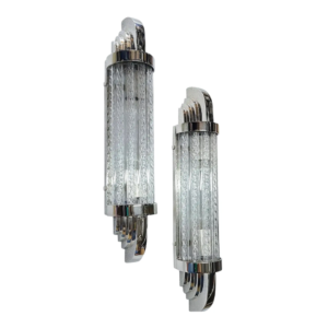 Pair of nickel brass Art Deco sconces with textured clear glass rods