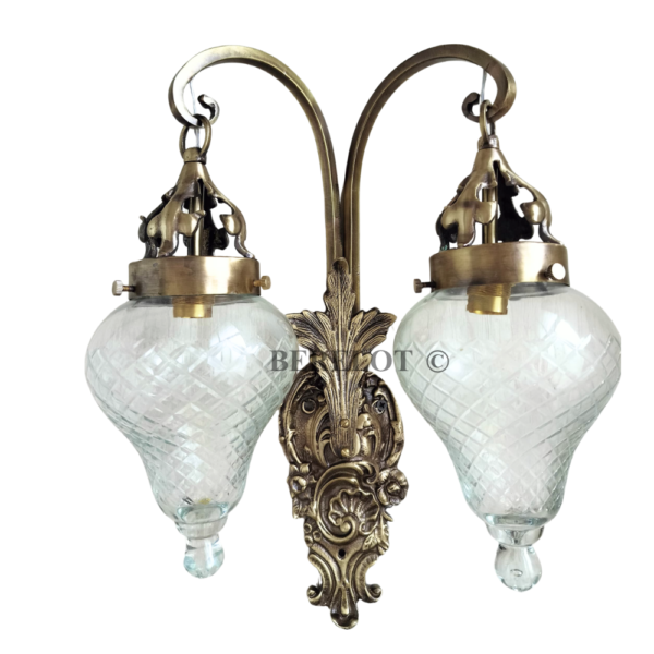 Antique Brass Double Wall Sconce with Cut Glass Shades | Vintage Ornate Twin Arm Lamp