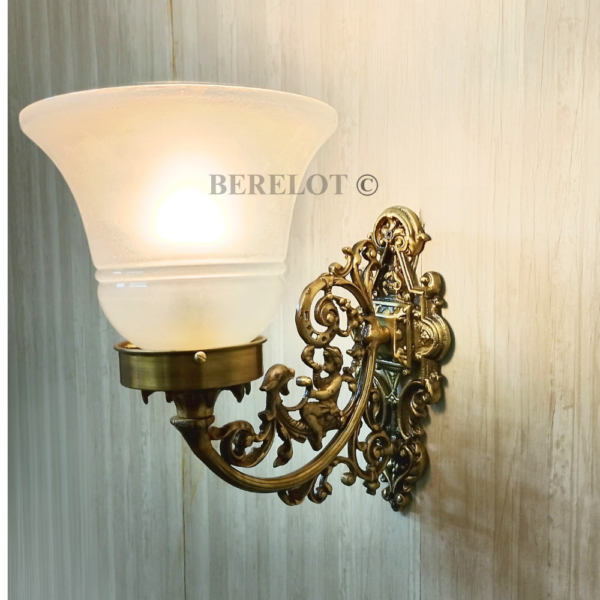 Pair of Antique Brass Victorian Wall Lamps with Frosted Glass Shades | Ornate Vintage Sconces
