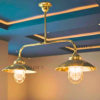 Vintage Brass Double Pendant Ceiling Light with Caged Glass Shades | Nautical Industrial Chandelier
