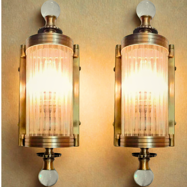 Vintage Brass Wall Lights with Clear Glass & Glass Ball Finials | Pair of Art Deco Sconces