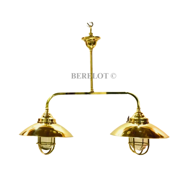 Vintage Brass Double Pendant Ceiling Light with Caged Glass Shades | Nautical Industrial Chandelier