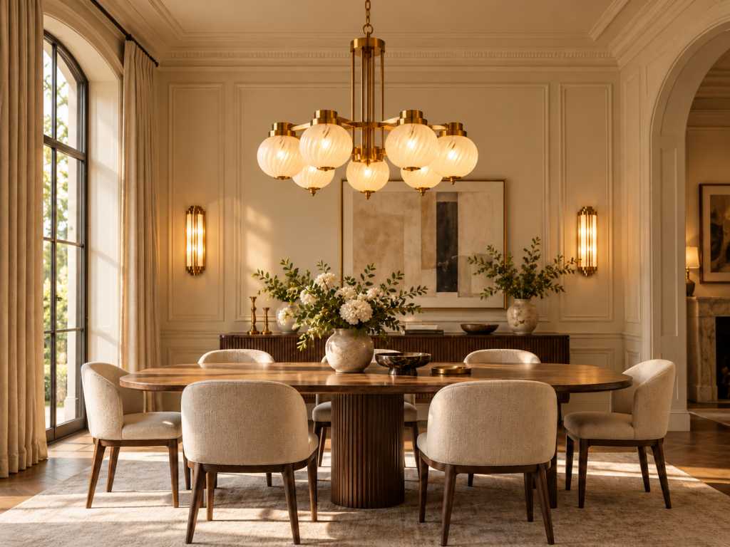Art Deco brass chandelier in an elegant dining room interior