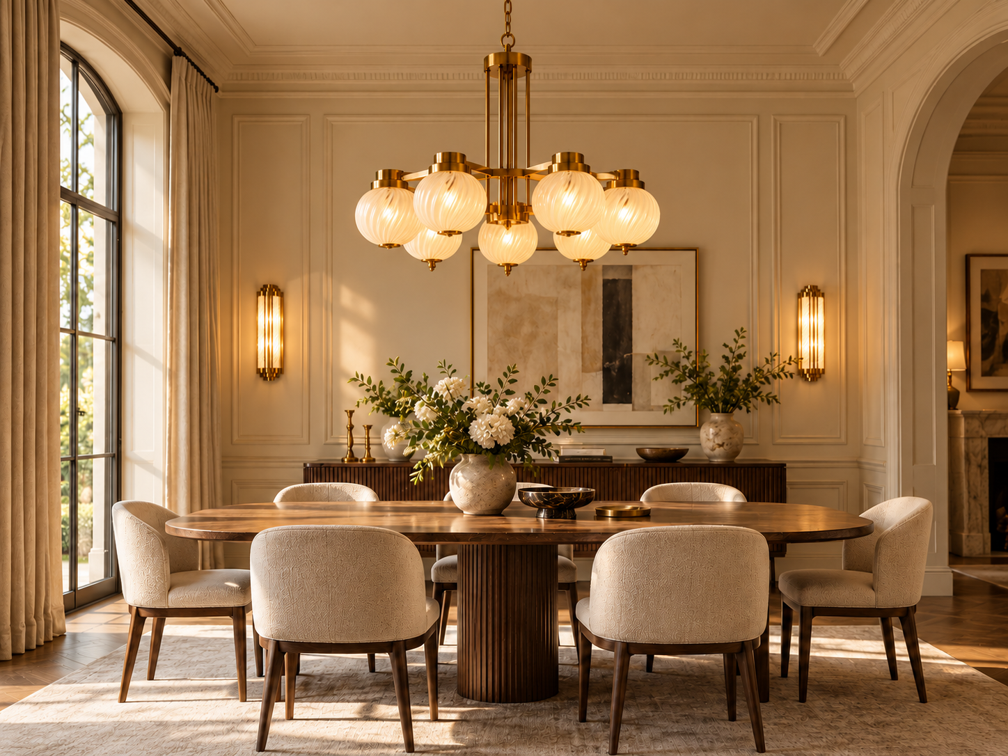 Art Deco brass chandelier in an elegant dining room interior