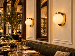 Brass and opal glass wall sconces in a warm restaurant interior