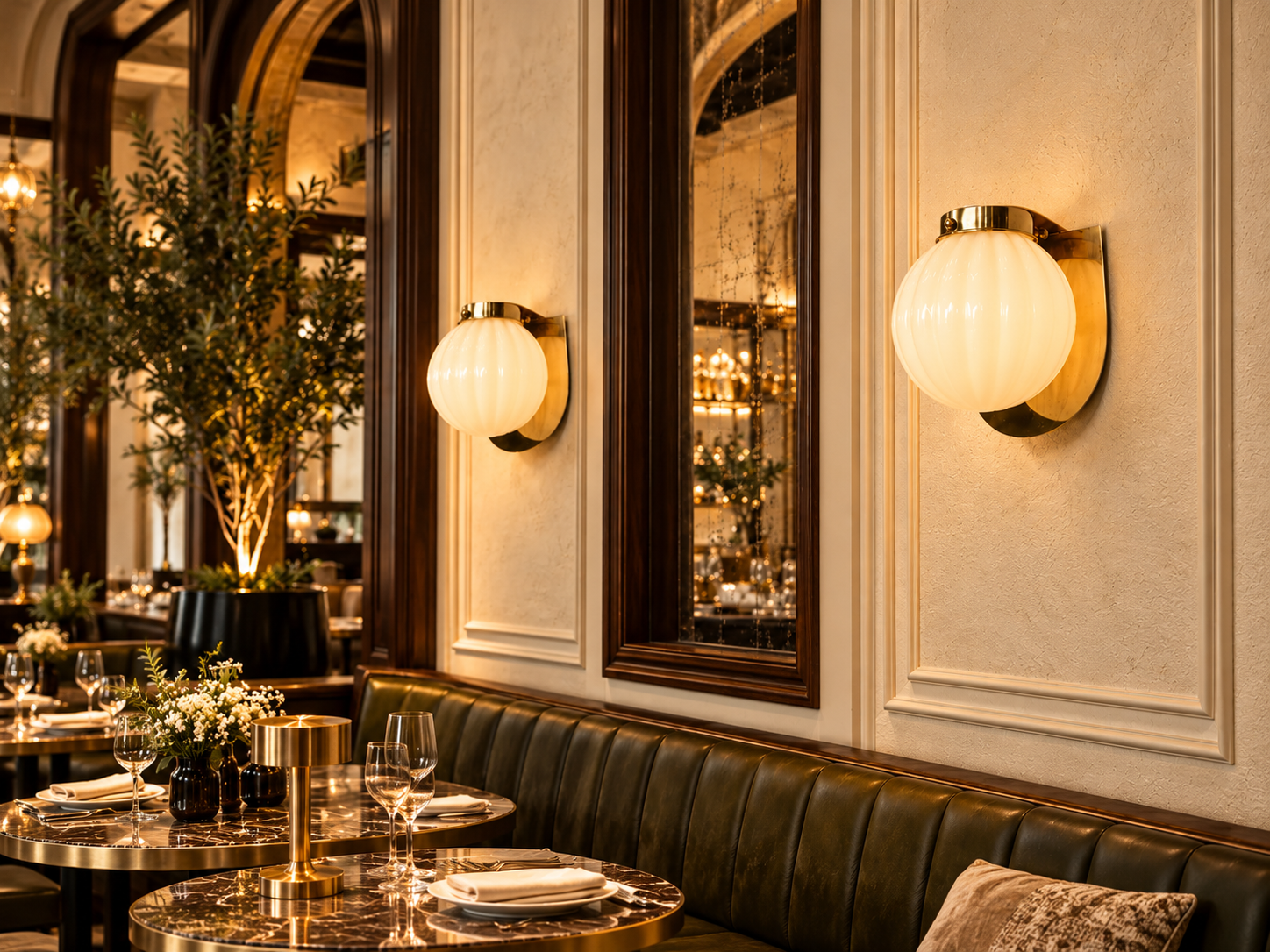 Brass and opal glass wall sconces in a warm restaurant interior